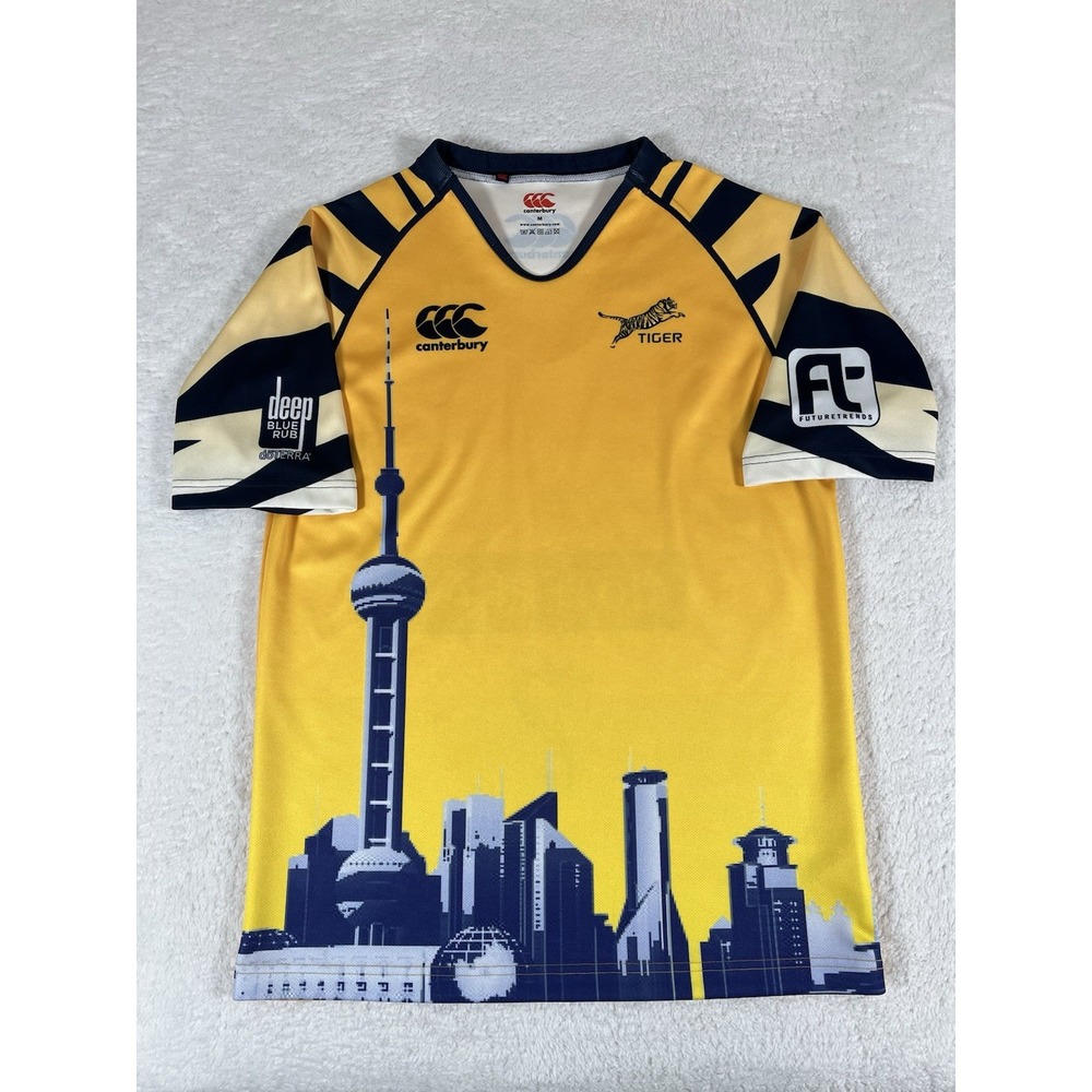 Canterbury Shanghai Yellow Blue Graphic V Neck Rugby Jersey‎ Men's Med Stretch